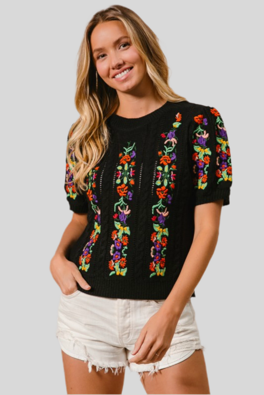 FLOWER EMBROIDERY POINTELLE SHORT SLEEVESWEATER