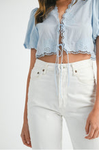 Load image into Gallery viewer, Light Blue Puff Sleeve Tie Front Crop Blouse – Eyelet Embroidery