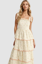 Load image into Gallery viewer, Embroidered Tie Strap Scallop Tiered Midi Dress
