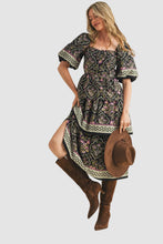 Load image into Gallery viewer, Woman wearing a vintage floral boho midi dress with layered skirt, soft flowy fabric, and elegant summer style outfit