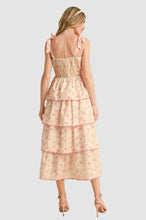 Load image into Gallery viewer, Embroidered Tie Strap Scallop Tiered Midi Dress