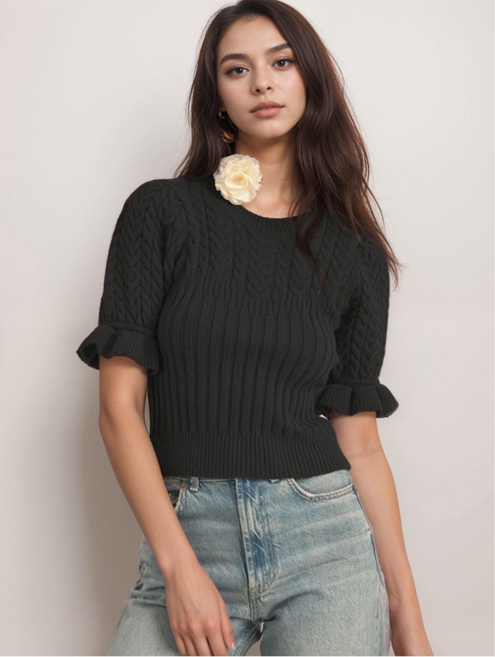 CABLE KNIT RUFFLED PUFF SLEEVE SWEATER – jcrown.us