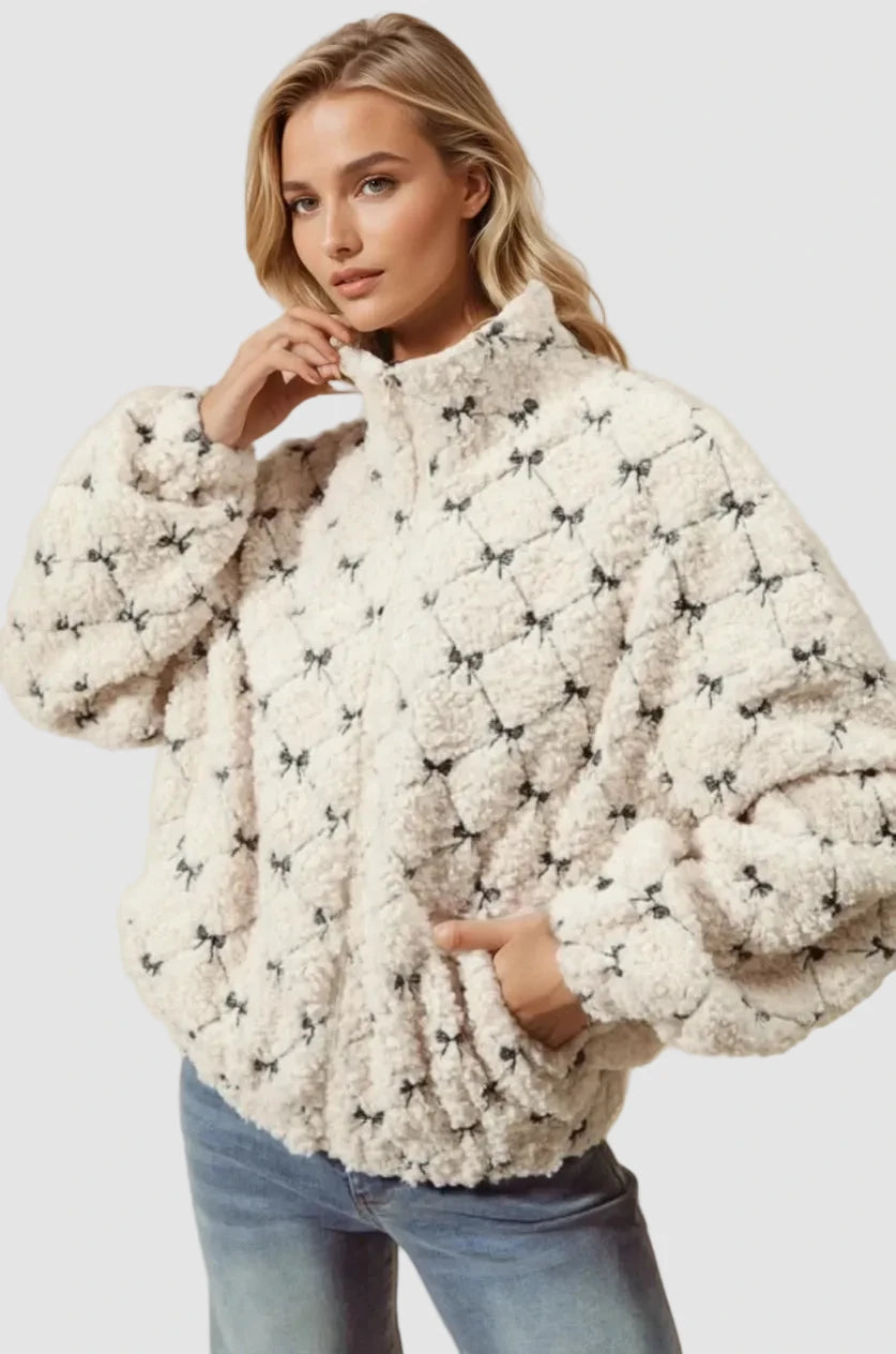 Ribbon Embroidered Fleece Zip Up Front Jacket