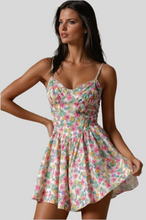Load image into Gallery viewer, Women’s floral print romper with spaghetti straps and flared hem – summer casual outfit