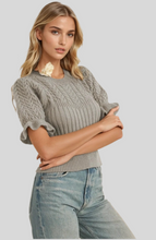 Load image into Gallery viewer, CABLE KNIT RUFFLED PUFF SLEEVE SWEATER