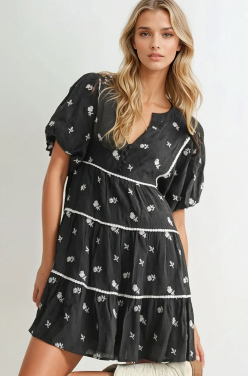 Floral Embroidered Black Dress