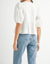 Load image into Gallery viewer, White Puff Sleeve Blouse with Black Bow Tie Detail – 100% Rayon
