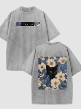 Load image into Gallery viewer, Black Cat Floral Pattern, Interesting Print, Vintage Washed Cotton T-SHIRTS