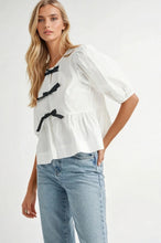 Load image into Gallery viewer, White Puff Sleeve Blouse with Black Bow Tie Detail – 100% Rayon