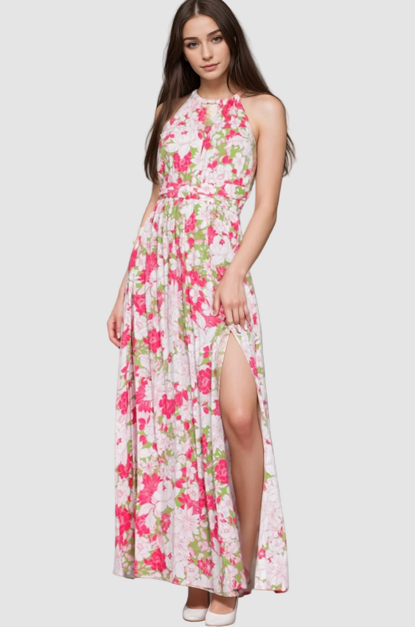 HALTER BACK CROSS STRAP TIERED MAXI DRESS