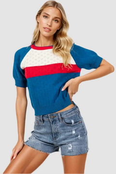 AMERICANA KNIT CROCHET SHORT SLEEVE CROP TOP