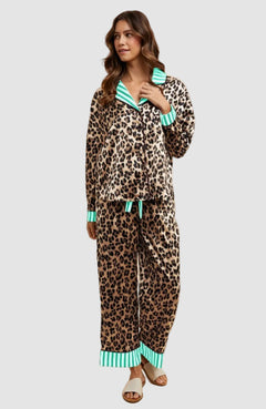 LEOPARD SATIN PAJAMA SHIRT & PANTS SET