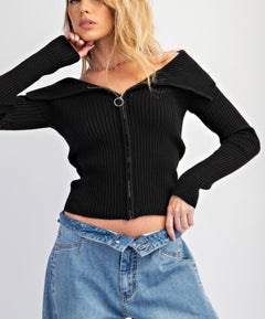 ZIP UP FRONT KNIT SWEATER TOP