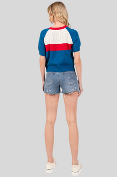 AMERICANA KNIT CROCHET SHORT SLEEVE CROP TOP