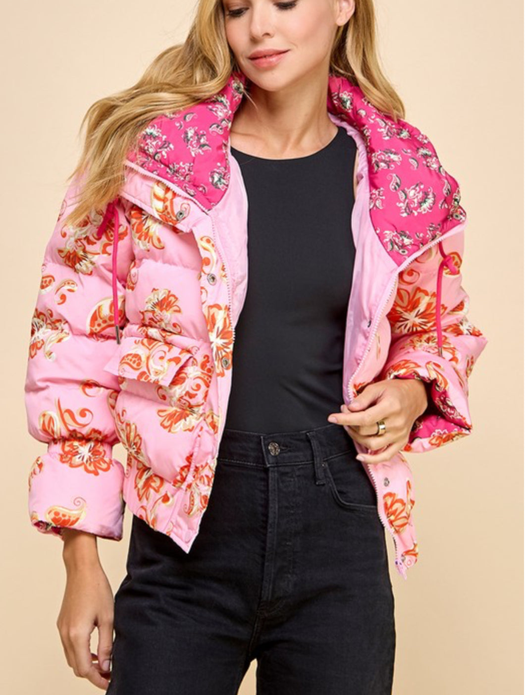 Floral Print Puffer Hooded Jacket