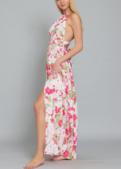 HALTER BACK CROSS STRAP TIERED MAXI DRESS