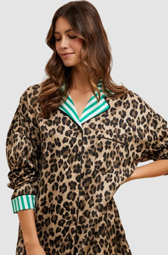 LEOPARD SATIN PAJAMA SHIRT & PANTS SET