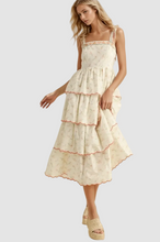 Load image into Gallery viewer, Embroidered Tie Strap Scallop Tiered Midi Dress
