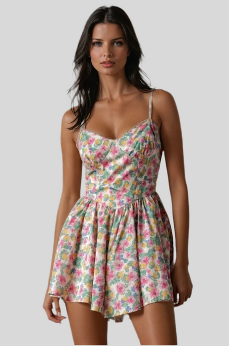 Women’s floral print romper with spaghetti straps and flared hem – summer casual outfit