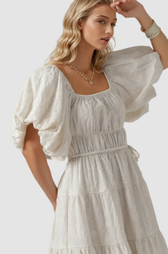 White Dreamy Tiered Puff-sleeve Midi Dress