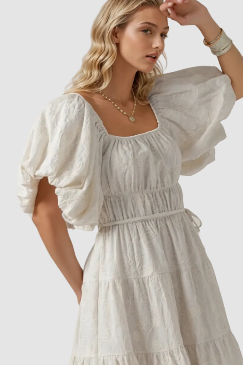 White Dreamy Tiered Puff-sleeve Midi Dress