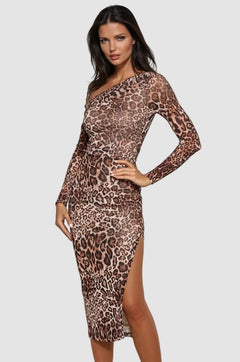 Leopard Pleated Off-shoulder Midi Dress