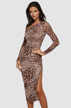 Load image into Gallery viewer, Leopard Pleated Off-shoulder Midi Dress
