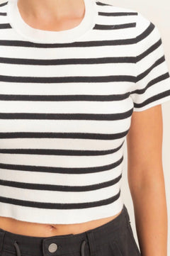 STRIPED AND KNIT CREW NECK CROP TOP