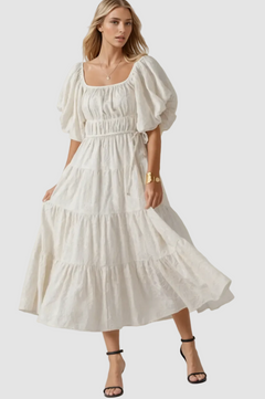 White Dreamy Tiered Puff-sleeve Midi Dress