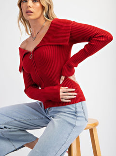 ZIP UP FRONT KNIT SWEATER TOP
