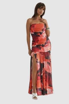 Crimson Bloom Strapless Maxi Dress