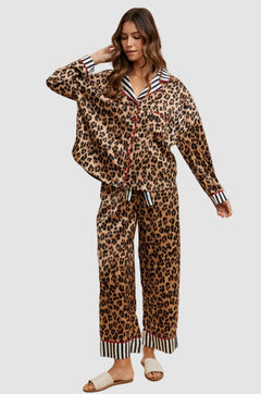 LEOPARD SATIN PAJAMA SHIRT & PANTS SET