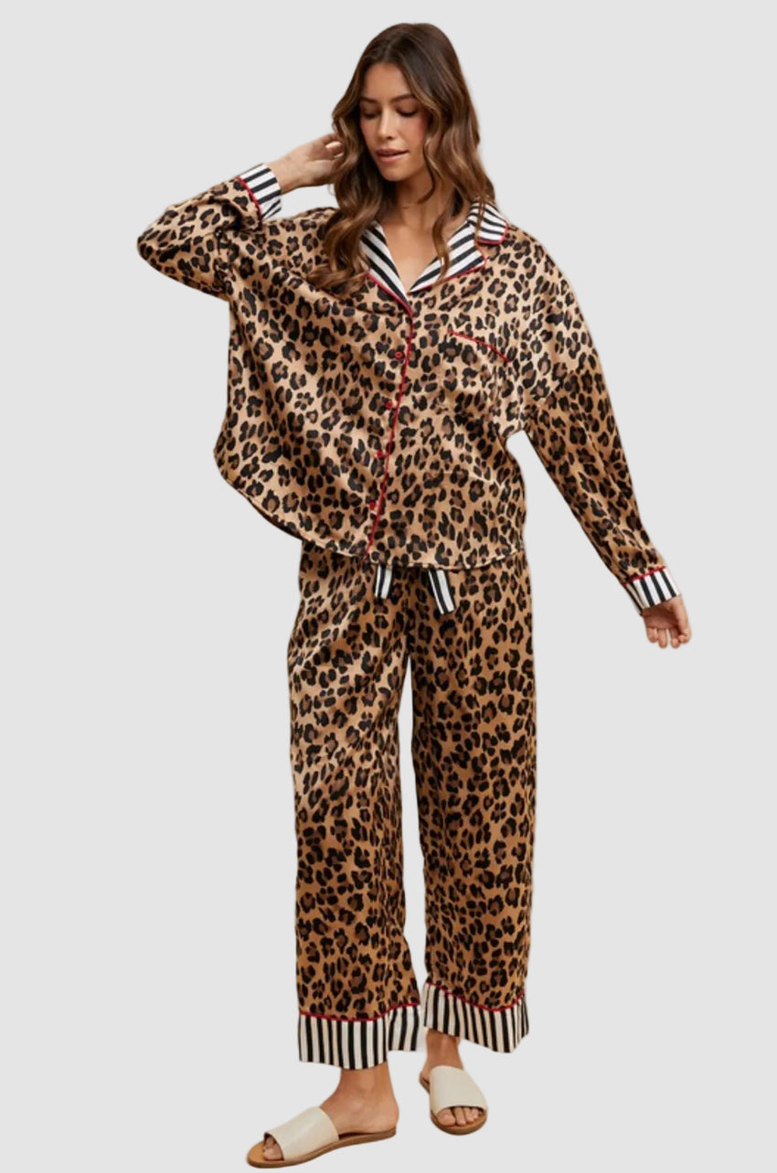 LEOPARD SATIN PAJAMA SHIRT & PANTS SET