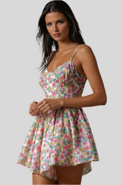 Women’s floral print romper with spaghetti straps and flared hem – summer casual outfit