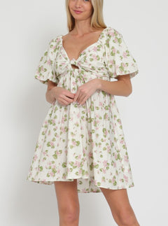 SHORT BUBBLE SLEEVE TIE BACK CHEST MINI DRESS
