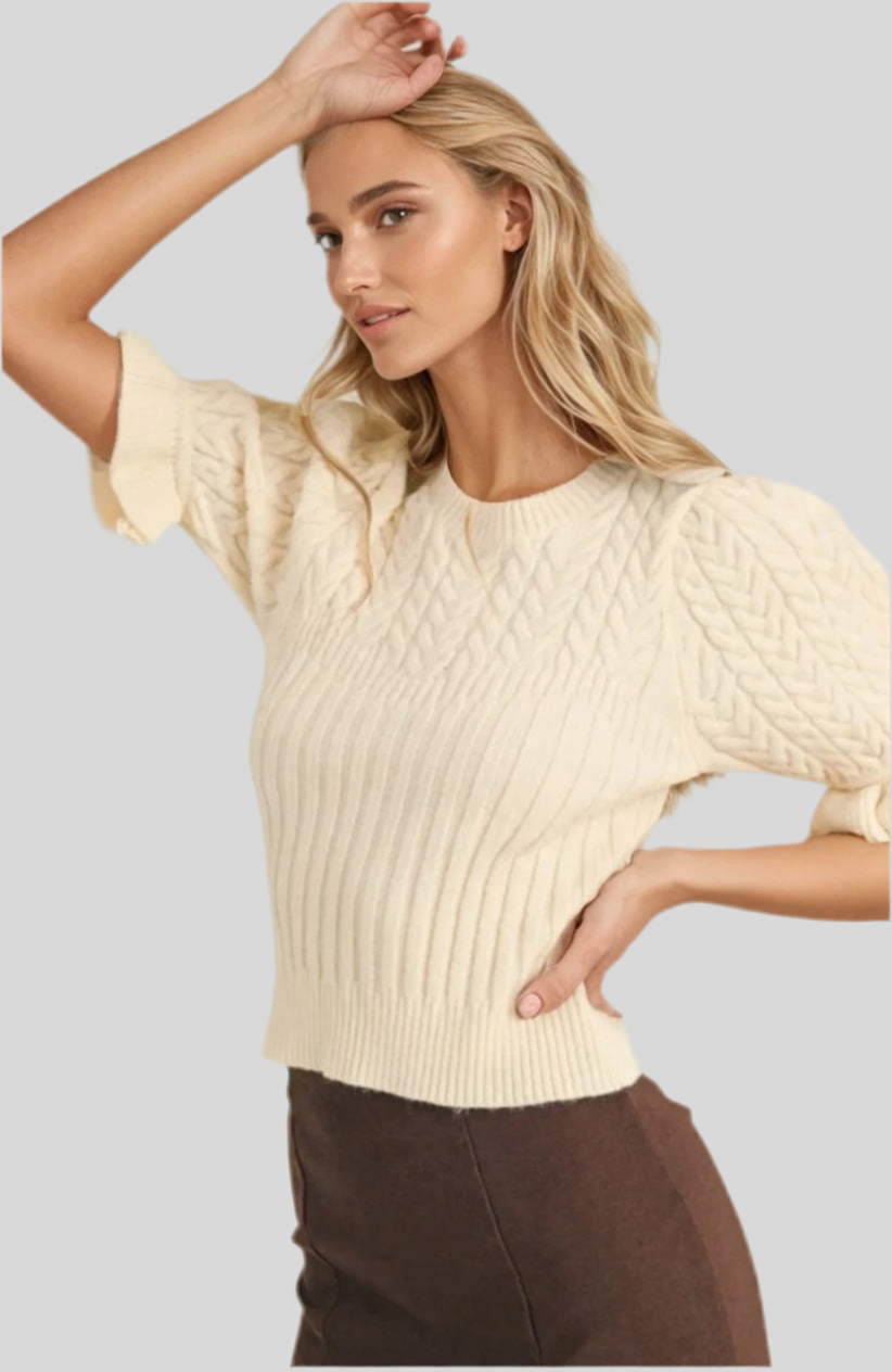 CABLE KNIT RUFFLED PUFF SLEEVE SWEATER
