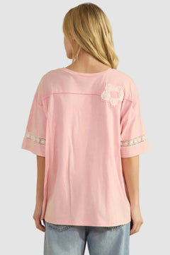 OVERSIZED EYELET FLORAL APPLIQUE TEE