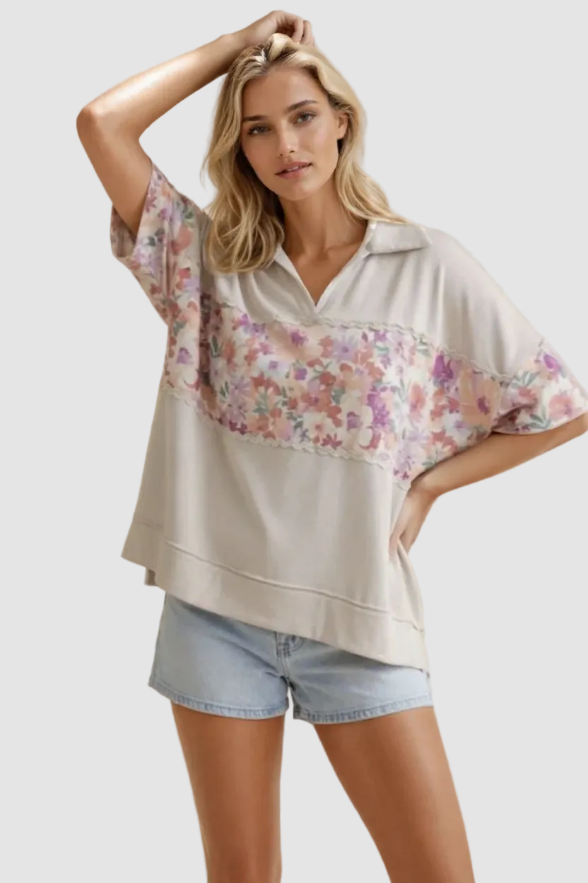FLORAL COLOR BLOCK RIC RAC KNIT TOP
