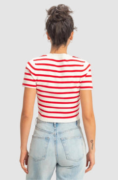 STRIPED AND KNIT CREW NECK CROP TOP