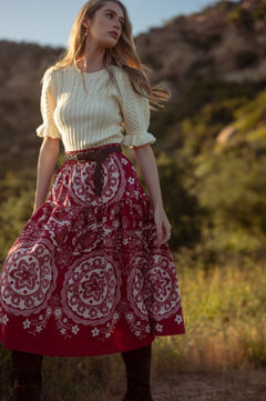 CABLE KNIT RUFFLED PUFF SLEEVE SWEATER