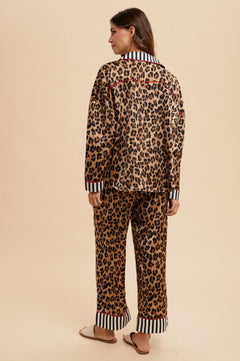 LEOPARD SATIN PAJAMA SHIRT & PANTS SET