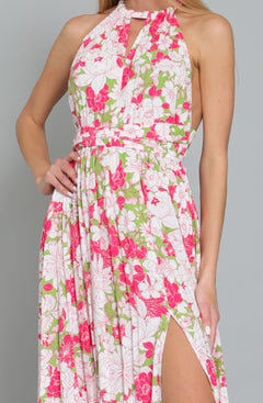 HALTER BACK CROSS STRAP TIERED MAXI DRESS