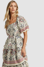 Load image into Gallery viewer, Woman wearing a vintage floral boho midi dress with layered skirt, soft flowy fabric, and elegant summer style outfit
