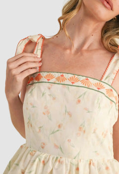 Embroidered Tie Strap Scallop Tiered Midi Dress