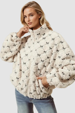 Ribbon Embroidered Fleece Zip Up Front Jacket