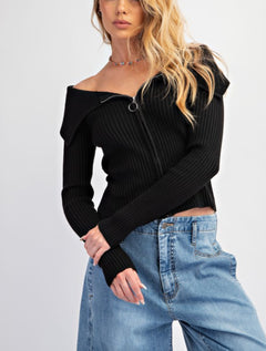 ZIP UP FRONT KNIT SWEATER TOP
