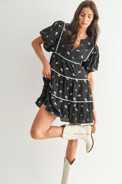 Floral Embroidered Black Dress