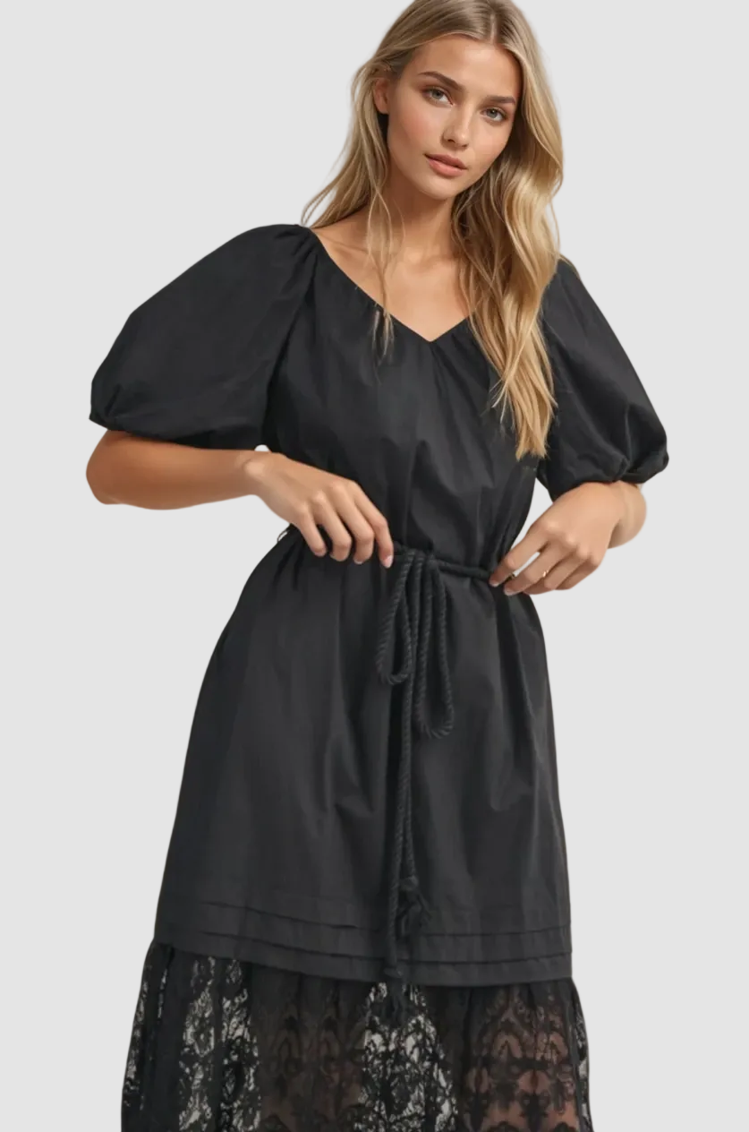 Puff Sleeve Tiered Lace Midi Dress