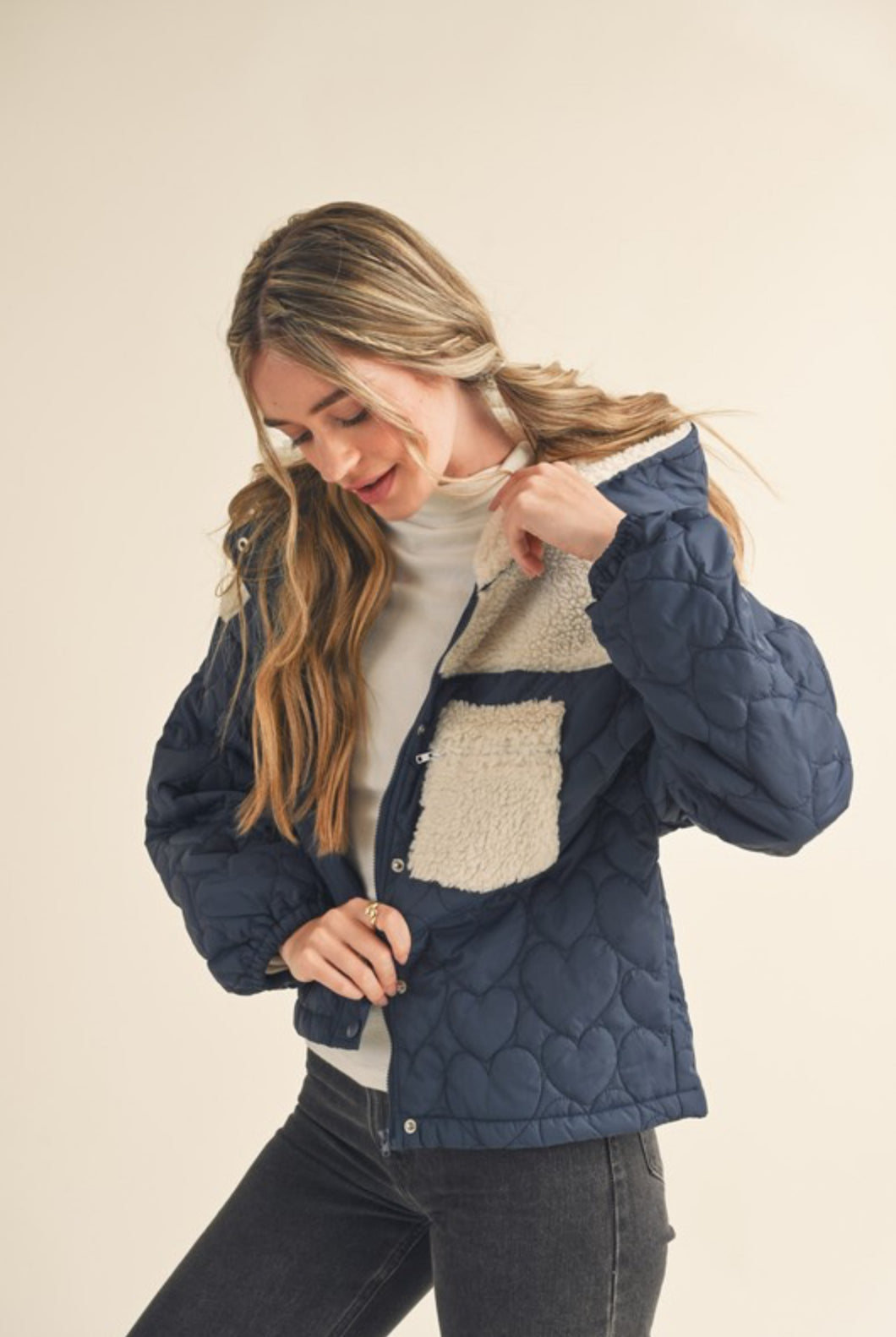 Mixed Media Puff Jacket With Hood
