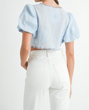 Load image into Gallery viewer, Light Blue Puff Sleeve Tie Front Crop Blouse – Eyelet Embroidery
